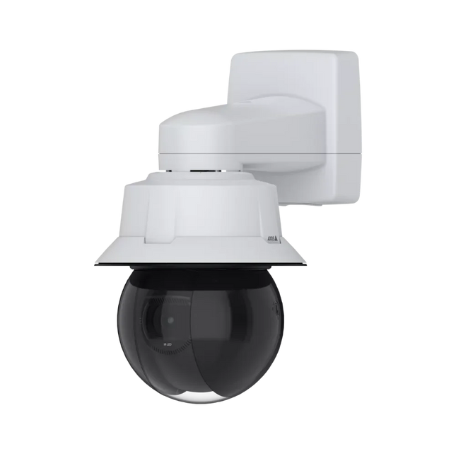 Detailed view of the AXIS Q6325-LE lens and IR array, showcasing its ARTPEC-9 AI processing and 250-meter (820ft) night vision capabilities.