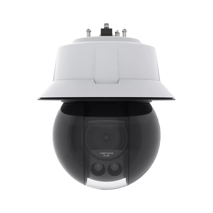 Side profile view of the AXIS Q6358-LE high-performance PTZ dome camera displaying its rugged industrial wall bracket configuration.