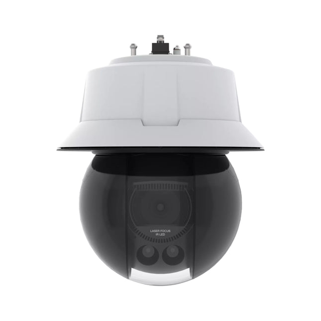 Side profile view of the AXIS Q6358-LE high-performance PTZ dome camera displaying its rugged industrial wall bracket configuration.