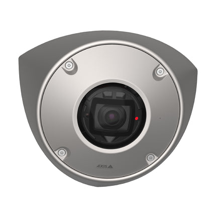 Front view of the AXIS Q9216-SLV stainless steel anti-ligature corner camera highlighting its sleek, gap-free institutional design.