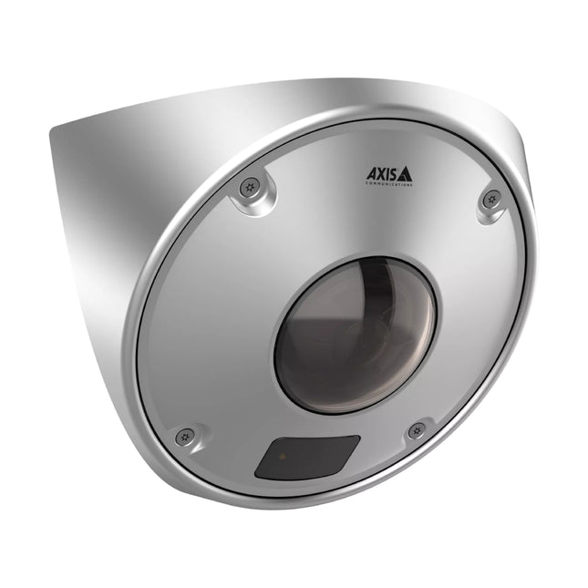Close-up view of the AXIS Q9227-SLV wide-angle lens and built-in invisible IR LEDs flush-mounted in steel.