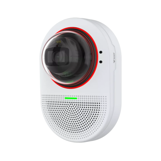 AXIS Q9307-LV (02487-001) 5MP indoor dome camera featuring integrated four-microphone array, broadband speaker, and status LED indicators.