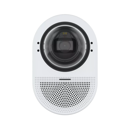 Front view of the AXIS Q9307-LV highlighting the 5MP lens and LED indicators used for AXIS Live Privacy Shield and audio status monitoring.