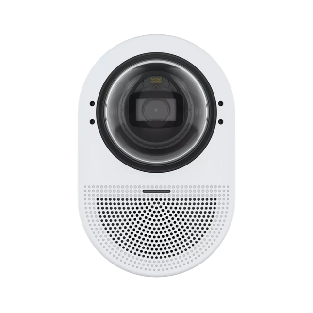 Front view of the AXIS Q9307-LV highlighting the 5MP lens and LED indicators used for AXIS Live Privacy Shield and audio status monitoring.