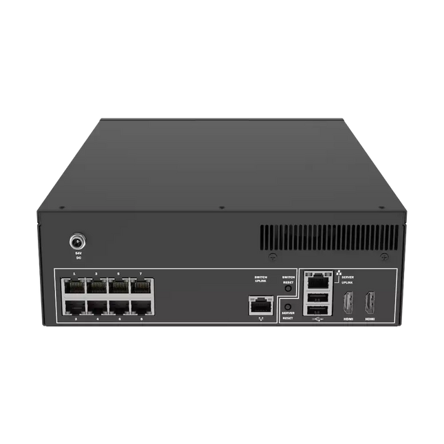 Rear view of Axis S2208 Mk II PoE network video recorder showing 8 PoE ports and HDMI outputs