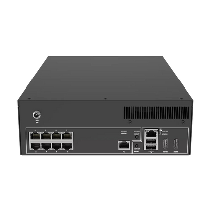 Rear view of the AXIS S2208 Mk II showing the 8 PoE ports, HDMI/DisplayPort outputs, and network interfaces.