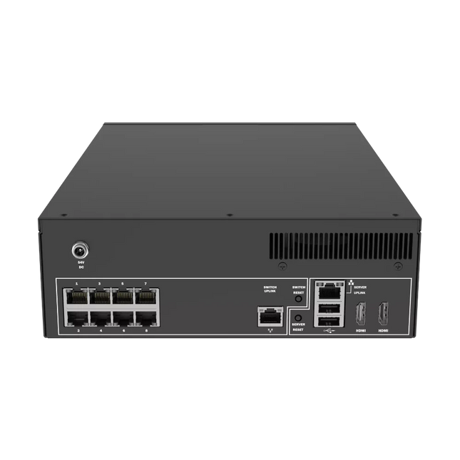 Rear view of the AXIS S2208 Mk II showing the 8 PoE ports, HDMI/DisplayPort outputs, and network interfaces.