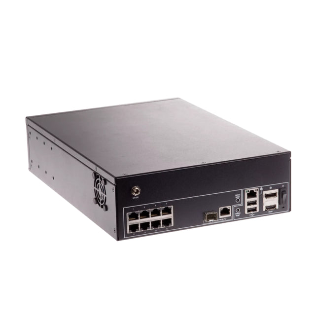 Rear panel of Axis S2208 NVR showing 8 integrated PoE network ports, uplink ports, HDMI, DisplayPort, and power connector.