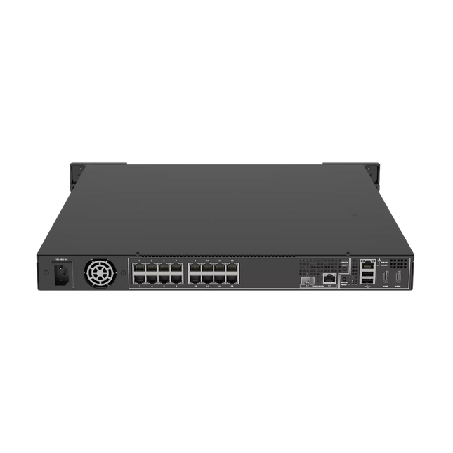 Rear view of AXIS S2216 Mk II showing 16 PoE ports, uplinks and video outputs
