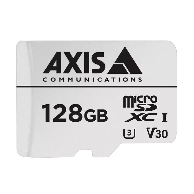 Front view of AXIS Surveillance Card 128 GB microSDXC engineered for edge storage recording.