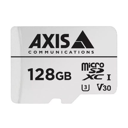 AXIS Surveillance Card 128GB high-endurance microSDXC card with full-size SD adapter.