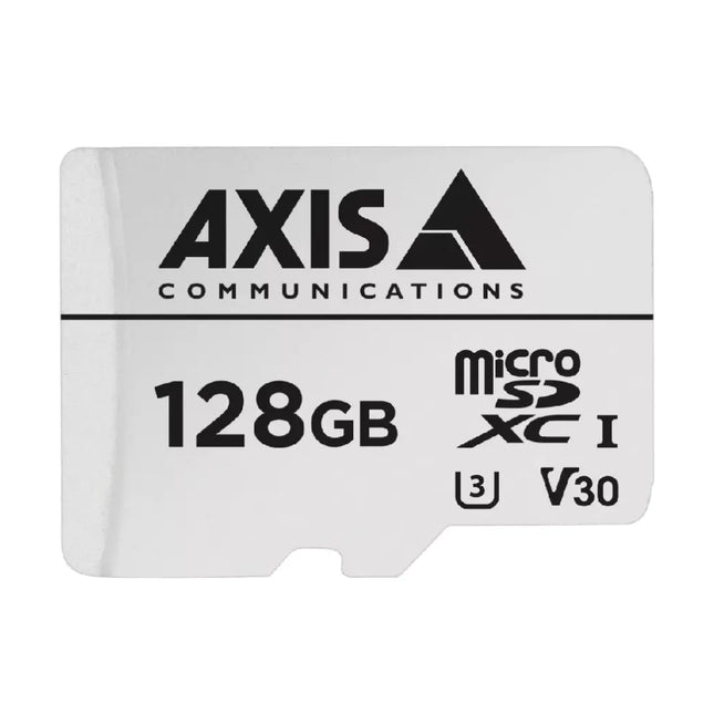 AXIS Surveillance Card 128GB high-endurance microSDXC card with full-size SD adapter.