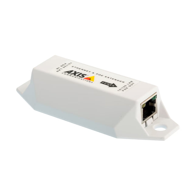 AXIS T8129 compact Power over Ethernet extender in white housing used to extend network cable distance beyond 100 meters.