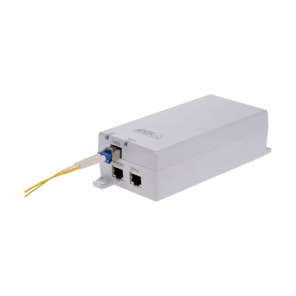 AXIS T8154 60 Watt High PoE midspan injector featuring built-in SFP slot and compact white metal housing.