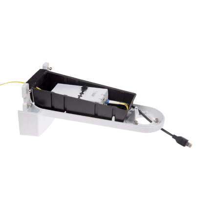 AXIS T8154 60W SFP midspan connected with a fiber optic SFP module delivering long-distance data and High PoE power to a PTZ camera.