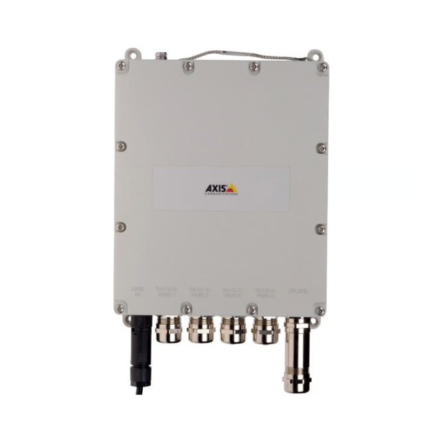 AXIS T8504-E outdoor-ready 4-port PoE+ managed network switch in IP67 rugged white enclosure.