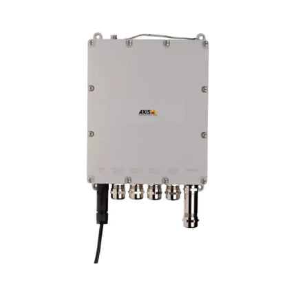 AXIS T8504-E Outdoor PoE+ Managed Switch front view showing durable IP67 weatherproof enclosure.