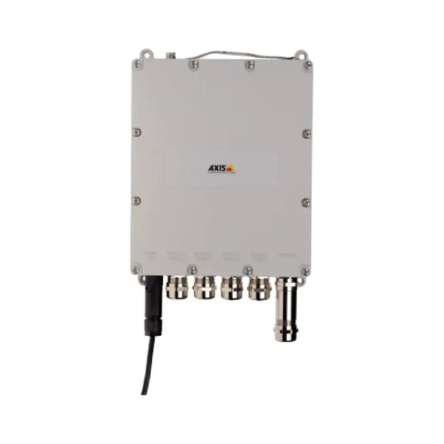 AXIS T8504-E Outdoor PoE+ Managed Switch front view showing durable IP67 weatherproof enclosure.