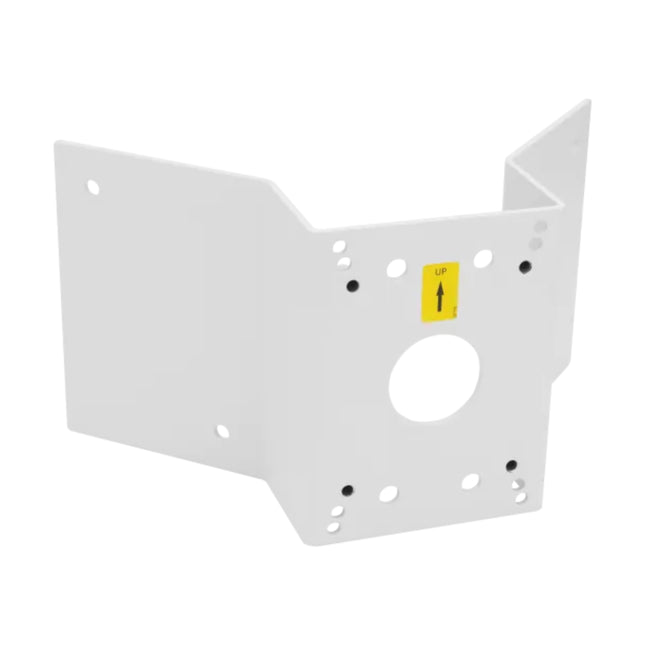AXIS T91A64 aluminum corner bracket in white powder coat for mounting network camera wall brackets on 90-degree building corners.