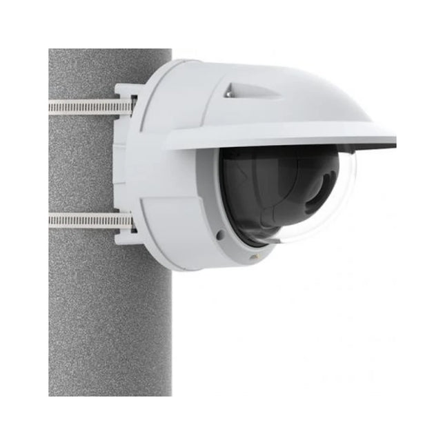 AXIS T91B47 pole mount installed on an outdoor pole showing sealed cable pass-through entry and wall mount attachment.