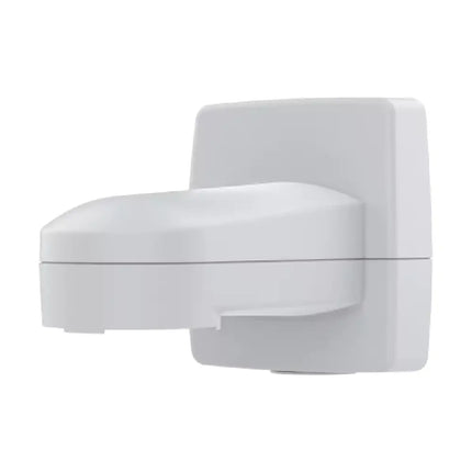 Front angle view of the white AXIS TQ5001-E wall-and-pole mount showing the heavy-duty aluminum build and cable entry port.
