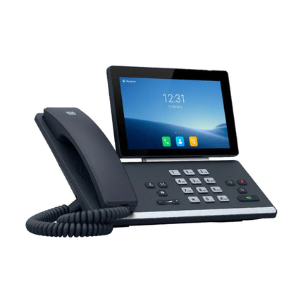 Close-up of the active 1024x600 resolution capacitive LCD screen on the Axis 2N D7A room station, demonstrating a live video preview from a front door entrance network intercom and a digital one-touch door unlocking button.
