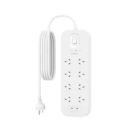 Belkin SRB004AU2M 8-outlet surge protector with dual USB-C 30W ports, 2m cord and 900-joule protection