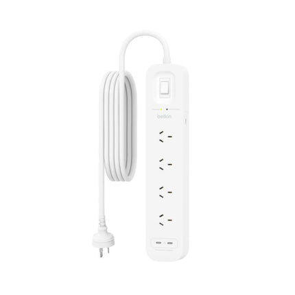 Belkin SRB005AU2M 4-outlet surge protector with dual USB-C 30W ports, 2m cord and 525-joule protection