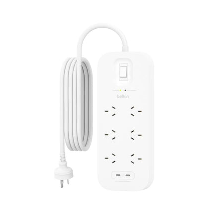 Belkin SRB006AU2M 6-outlet surge protector with dual USB-C 30W ports, 2m cord and 650-joule protection