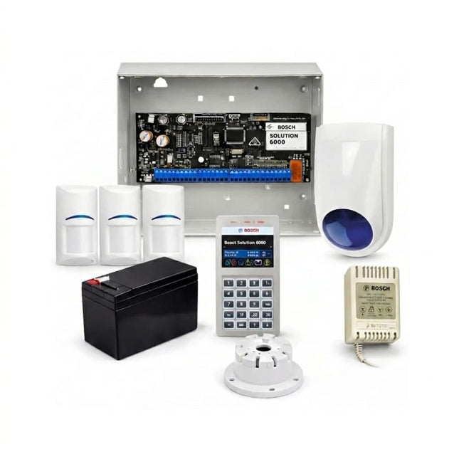 Bosch Solution 6000 wired alarm kit with standard dialler PCB, Wi-Fi keypad, PIR sensors, battery and sirens - WP06
