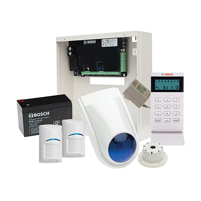 Bosch Solution 2000 Alarm Kit featuring metal enclosure control panel, 2 PIR motion sensors, LCD Icon codepad, and internal/external sirens.