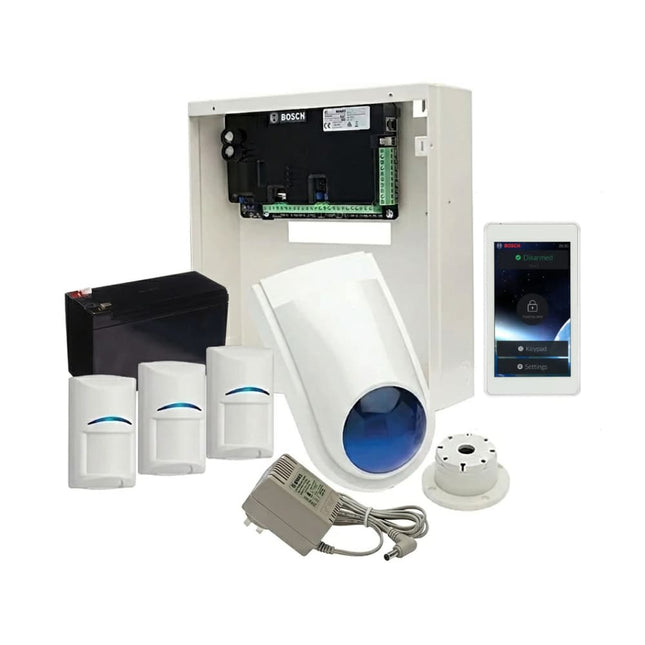 Premium Bosch Solution 3000 Alarm Kit featuring 3 PIR Sensors and IUI-SOL-TS5 5-Inch Colour Touchscreen Keypad interface.