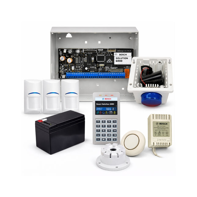 Bosch Solution 6000 wired alarm kit with standard dialler PCB, Wi-Fi keypad, PIR sensors, battery and sirens