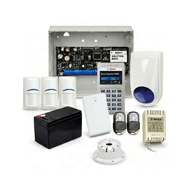 Complete Bosch Solution 6000 Series Hybrid Alarm Kit including CP737B Wi-Fi Colour Keypad, Wireless Receiver, 2 Wireless Blue Line Gen2 PIRs, 2 Premium Key Fobs, and 120dB Internal Siren.