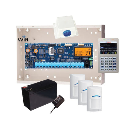 Bosch Kit S6K - WF - PIR - 3 1x Solution 6000 PCB(CC600PB) 1x WiFi Keypad White(CP737B) 3x PIRS(BOSISC - BPQ2 - W12) 1x Enclosure(BOSMW350) 1x Power Supply(BOSTF008 - B) 1x Siren/strobe(DSTSC03/CO/TOP) 1x Battery (BAT2000) - CCTV Guru