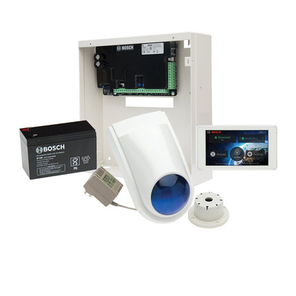Bosch Kit Includes Solution 3000 PCB (Bosicp - SOL3 - p) 5" Touch Screen (Bosiui - SOL - TS5) Metal Enclosure (Bosmw250) Power Supply (Bostf008 - B) Piezo Siren (Soun008) Siren With Blue Strobe (DSTWP06) 12V/7Ah Battery (Bat2000) - CCTV Guru