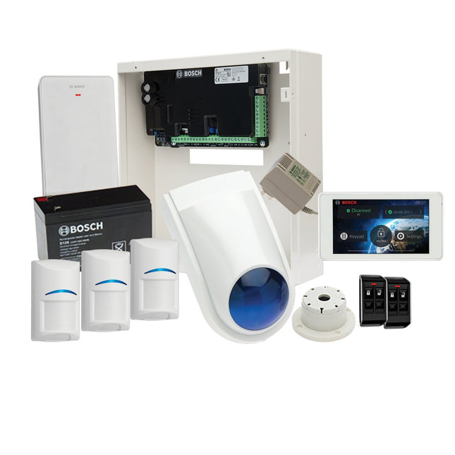 Bosch Kit 3000 W/less Kit, 5" Touch Screen (IUI - SOL - TS5), 1 X Wless Receiver (B810), 3 X Wless Pirs (RFPR - 12), 2 X Wless Transm. (RFKF - FB), Metal Enclosure, 12V7A BAT Sl Line Siren, Sounder, PSU - CCTV Guru
