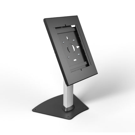Technical dimension diagram displaying stand height, base plate size, 0-to-75 degree tilt, and 90-degree portrait-to-landscape screen rotation for Brateck PAD12-04N.