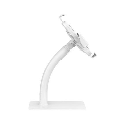Rear and base view of Brateck PAD33-03 tablet stand displaying internal charging cable routing and bolt-down mounting holes.