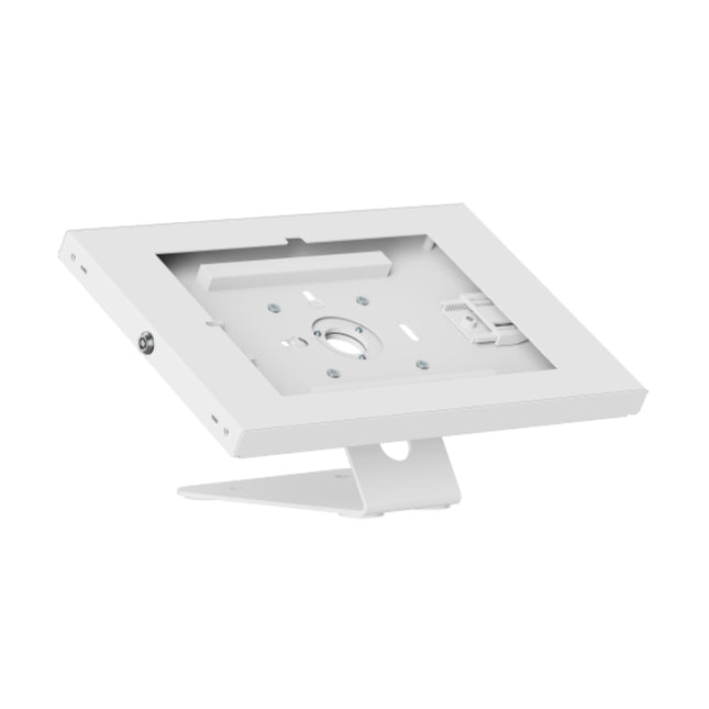 Front lock mechanism of Brateck PAD34-02 tablet holder showing key lock security system and home button restriction.