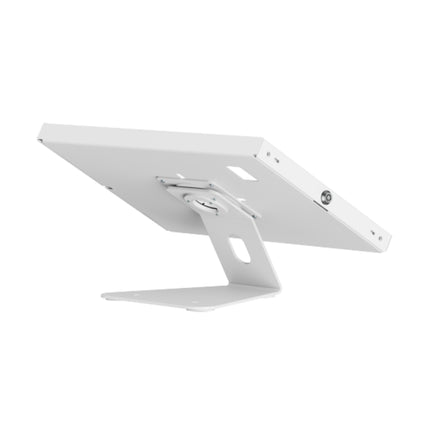 Rear profile of Brateck PAD34-02 tablet holder displaying wall mounting screw holes and concealed charging cable pass-through port.