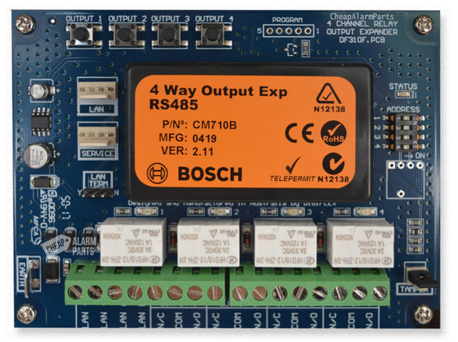 Bosch Hardwired Output Expander Module Blue 4x Output PCB Enclosure Mount 97g 10.5 - 14VDC Suits Solution 16I/ 144/ 6000 - CCTV Guru