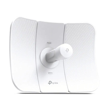 Rear view of the TP-Link CPE710 outdoor dish showcasing its professional pole-mounting bracket and alignment mechanism.