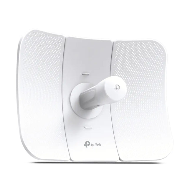 Rear view of the TP-Link CPE710 outdoor dish showcasing its professional pole-mounting bracket and alignment mechanism.