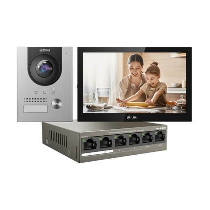 Dahua 10-inch Android video intercom kit with VTO2202F-P-S2 door station and IP-COM 4-port PoE switch