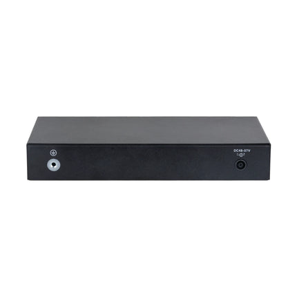 Rear angle of the Dahua DH-CS4010-8ET-110 desktop network switch showcasing the durable metal casing, grounding screw, and DC power input port.