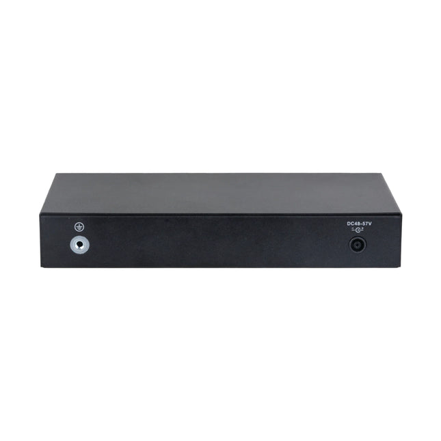 Rear angle of the Dahua DH-CS4010-8ET-110 desktop network switch showcasing the durable metal casing, grounding screw, and DC power input port.