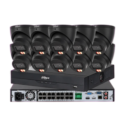Dahua 10 x 6MP 3K full colour black CCTV kit with Smart Dual-Light turret cameras and 16 channel AI NVR
