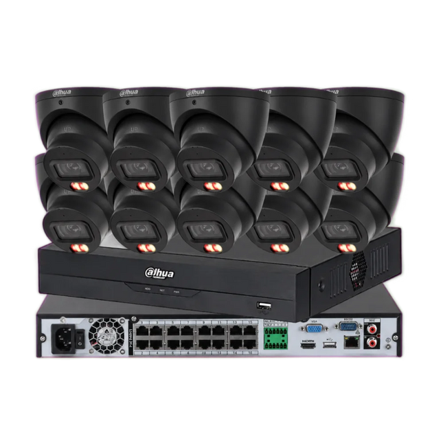 Dahua 10 x 6MP 3K full colour black CCTV kit with Smart Dual-Light turret cameras and 16 channel AI NVR