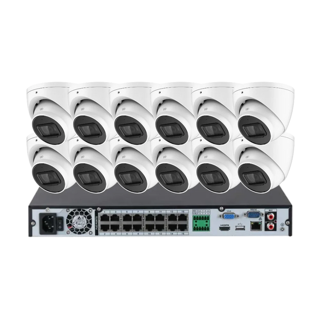 Dahua 12-camera 5MP AI CCTV kit showing twelve DH-IPC-HDW2541EMP-AS-ANZ turret cameras and one DHI-NVR4216-16P-AI/ANZ 16-channel PoE NVR.